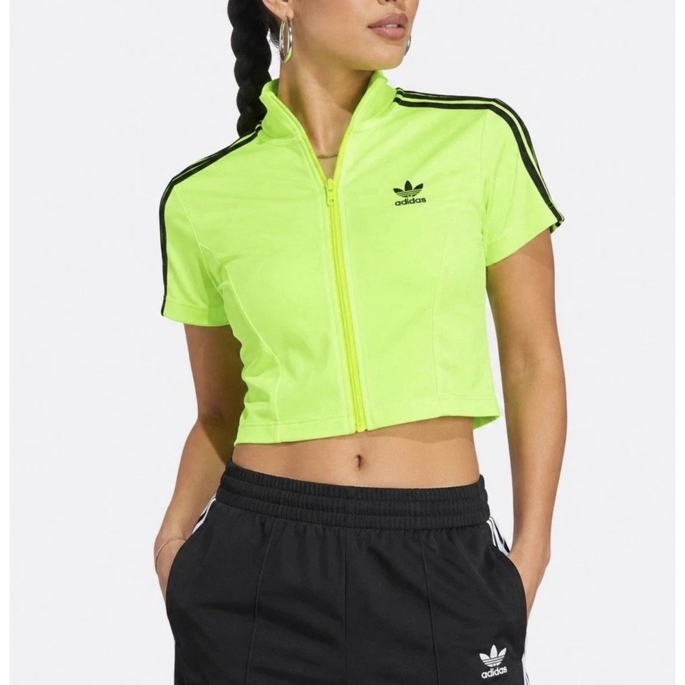 Adidas Originals Women's XS Cropped Short Sleeve Track Top Neon Green NWT